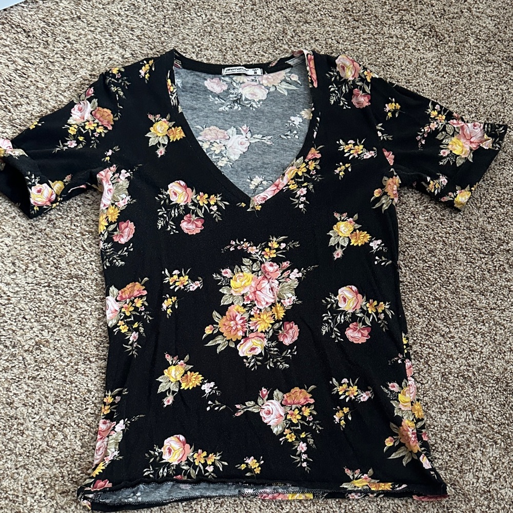 Alternative Apperal Floral V-Neck Black Top